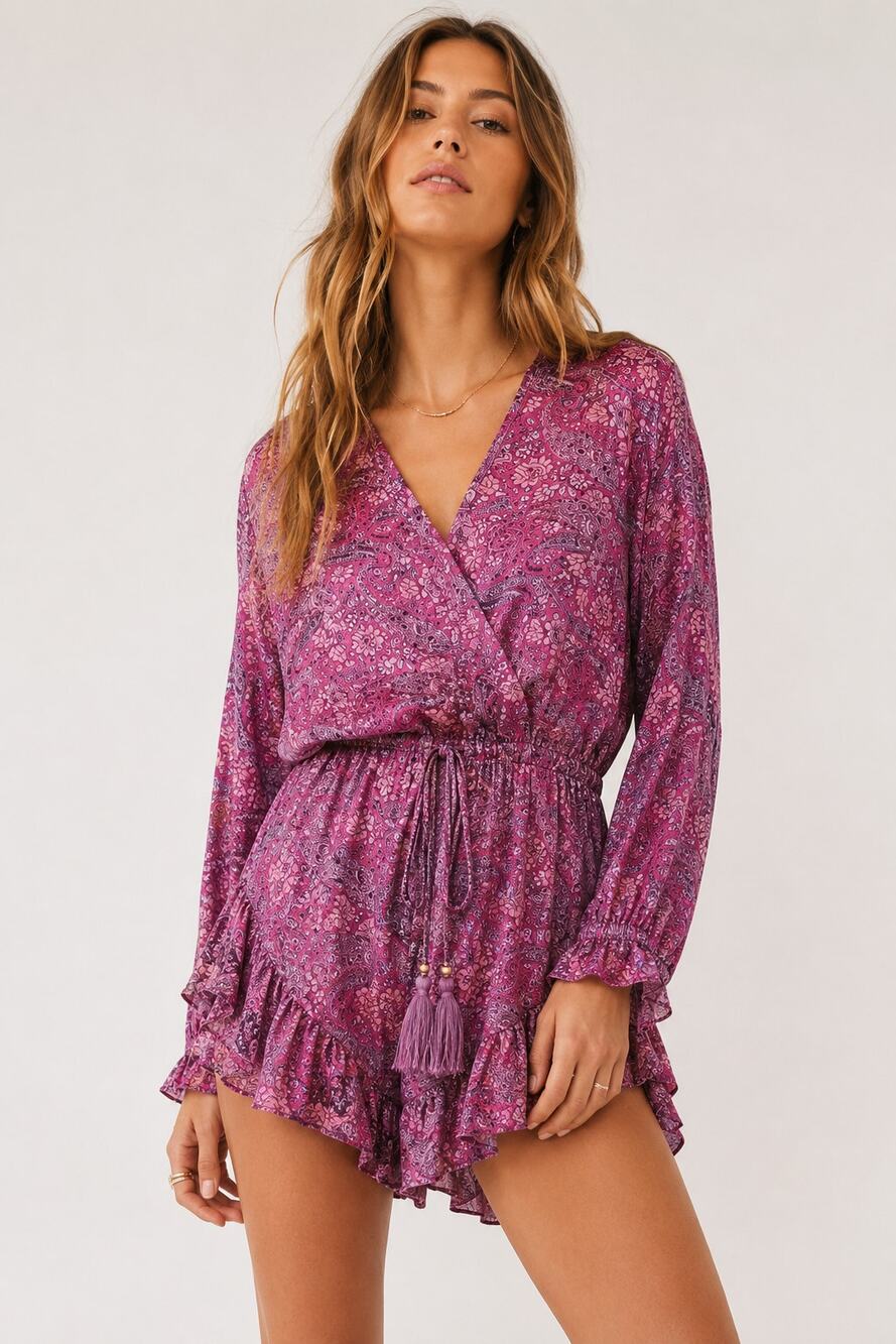 Karma Highway Pink Paisley Tassled Floral Ruffle Romper S/M Festival Boho